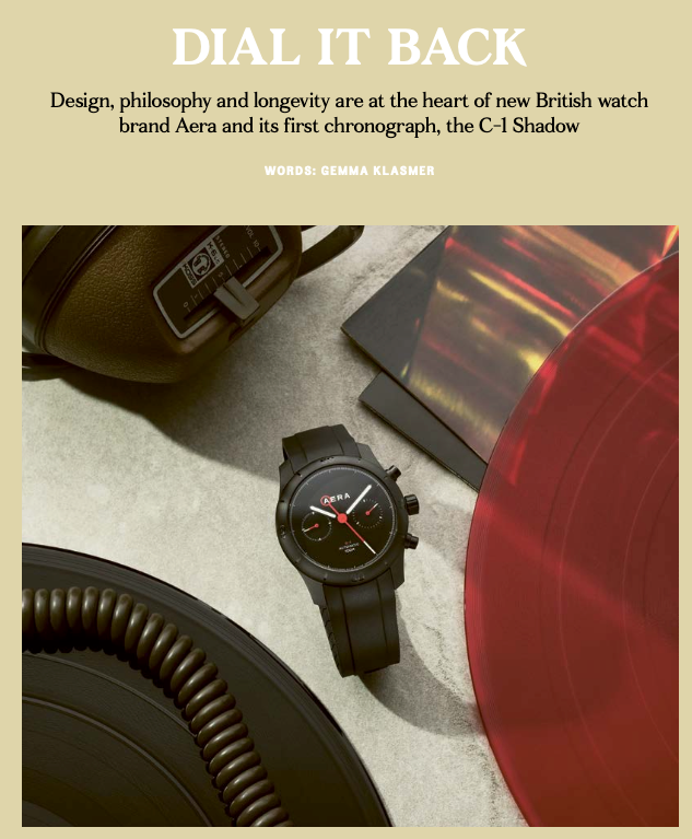 DIAL IT BACK: The pared-back, matt black C-1 Shadow is Aera’s first chronograph
