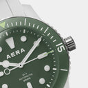 AERA D-1 Forest green dial and crown detail with Swiss Super-LumiNova hands