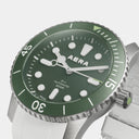 AERA D-1 Forest green dial with applied luminous markers, close-up