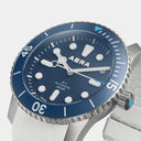 AERA D-1 Ocean blue dial with applied luminous markers, close-up